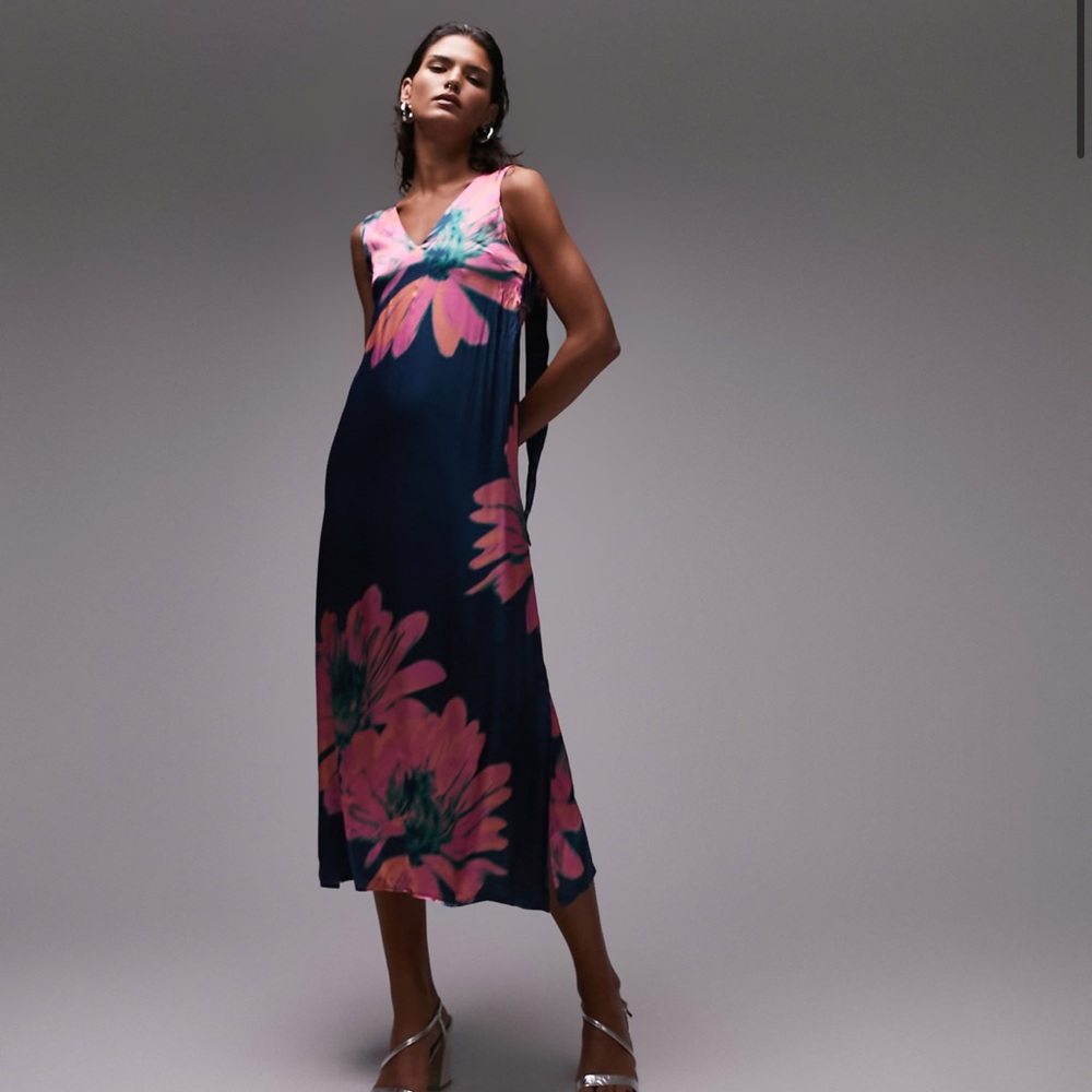 Topshop Teal and Pink Floral Midi Dress